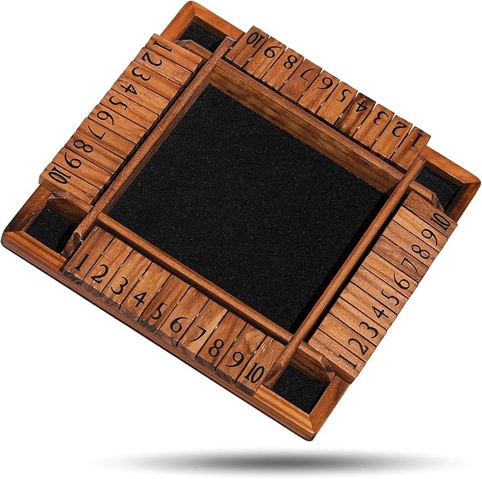 Shut The Box Game Wooden for 1-4 Players，Educational & Fun Wooden Board Game with 10 Dice and Shut-The-Box Instructions for Kids & Family, Pub Dice Game for Adults. (12 Inches)