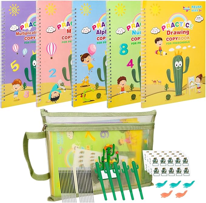 Large Handwriting Practice Books for Kids, Grooved Writing Book Magic Copybooks, Reusable Children's Writing Practice Workbook, Kindergarten Pre-School Essentials(Set of 5 Books)