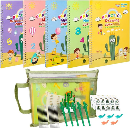 Large Handwriting Practice Books for Kids, Grooved Writing Book Magic Copybooks, Reusable Children's Writing Practice Workbook, Kindergarten Pre-School Essentials(Set of 5 Books)
