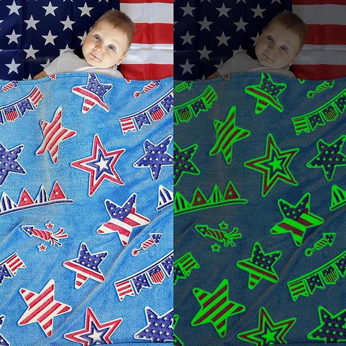 Glow in The Dark Blanket American Flag Blanket July 4th Decor USA Flag Patriotic Star Stripes Independence for Men Women Kids