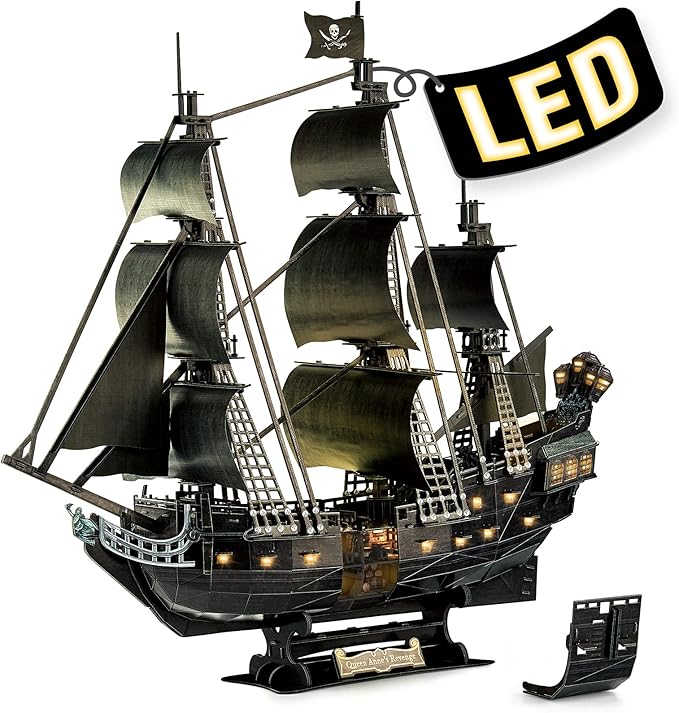 3D Puzzle for Adults Moveable LED Pirate Ship with Detailed Interior Decoration, Large Queen Anne's Revenge Desk Puzzles, Difficult 3D Puzzles with Lights Gifts for Men Women