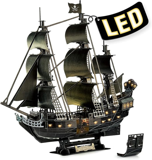 3D Puzzle for Adults Moveable LED Pirate Ship with Detailed Interior Decoration, Large Queen Anne's Revenge Desk Puzzles, Difficult 3D Puzzles with Lights Gifts for Men Women