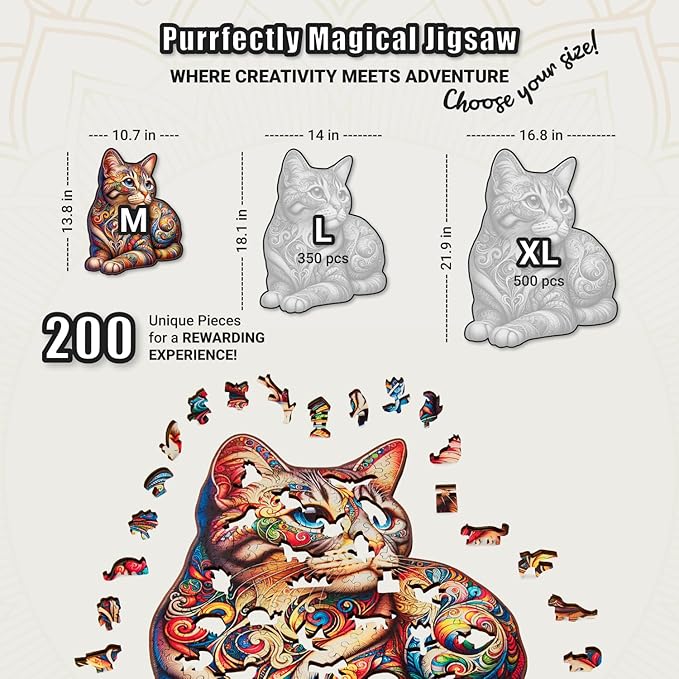 LEOGOR Wooden Jigsaw Puzzles for Adults 200 Pieces (10.7 × 13.8 in), Cat Puzzle, Extra-Thick 5mm Wood, Vibrant Mosaic Design, Relaxing Artistic Gift for Adults and Teens