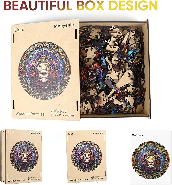 Wooden Jigsaw Puzzle, 200 Pcs Unique 3D Shape Jigsaw Puzzles, Wood Puzzle Gift Box Packing, Medium Size Letter, Creative Gift for Adults and Kids, Fun Challenging (200PCS, Lion)