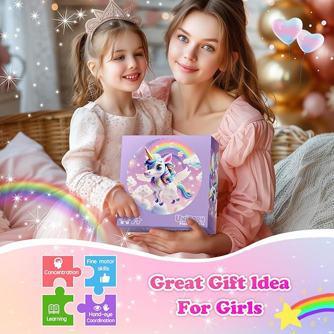 72 Pieces Shimmery Jumbo Unicorn Floor Puzzle for Girls 3-5 4-6 Age Floor Puzzles for Boys and Girls Large Round Floor Jigsaw Puzzles (Unicorn)