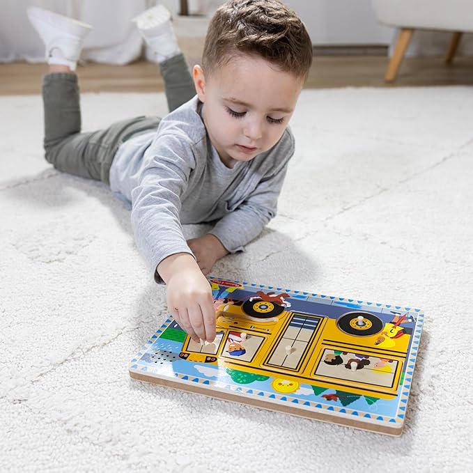 Melissa & Doug The Wheels on The Bus Song Puzzle – 8-Piece Wooden Peg Puzzle with Light-Activated Sounds, Music Learning Toy for Toddlers and Preschoolers Ages 2+