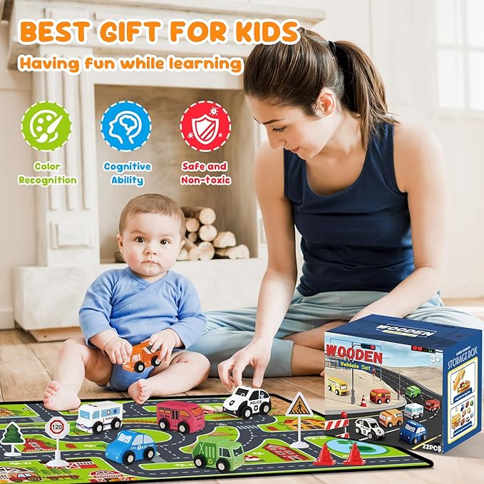 Wooden Cars Toys for Toddler Boy, 22 PCS Cars and Trucks Toy Vehicles Set with Traffic Signs, Playmat, Storage Box, Wood Montessori Toys Cars for Toddlers Baby Boys Kids Birthday Gift Educational Play