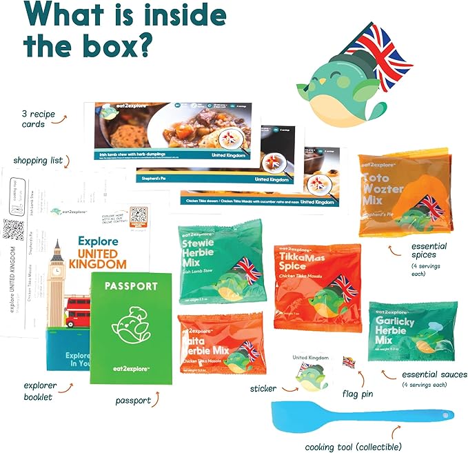 eat2explore Cooking Kits for Kids - Interactive & Educational Set with 3 Recipe Cards, Key Ingredients & Cooking Tools - Ideal Idea for Kids who Love to Create Meals (UK Edition)