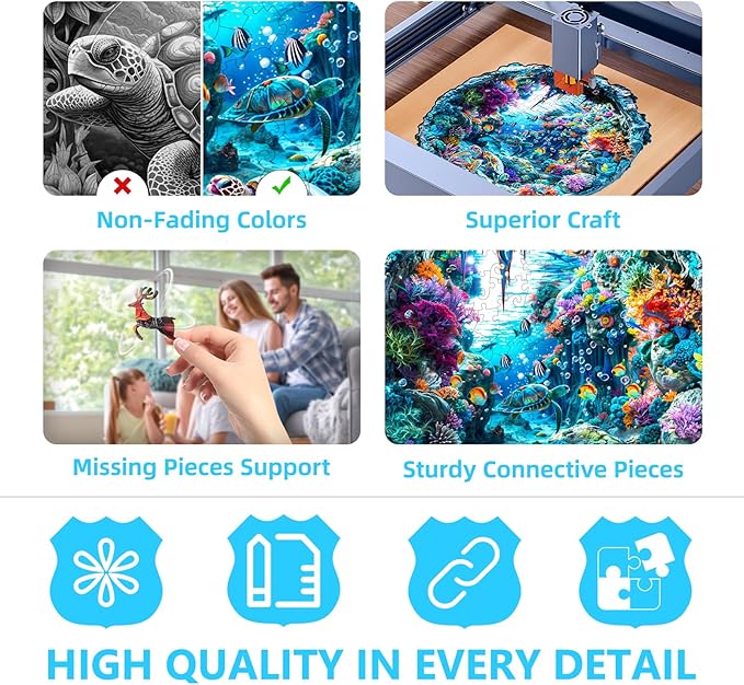Wooden Puzzles for Adults, Flat Puzzle with 3D Visual Effect, Seabed Wooden Jigsaw Puzzles for Adults, Sea Turtle Wood Puzzles Adult, Unique Animal Shape, Wall Art Canvas Puzzle (M-11.4*11.1in-200pcs)