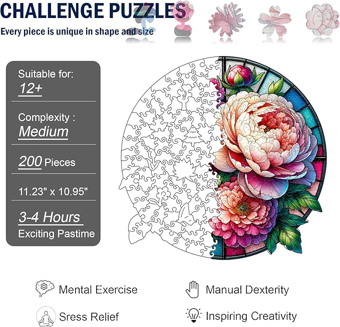 Wooden Jigsaw Puzzles for Adult, Glass Peony Flowers Wooden Puzzle, 200 Piece, Medium Size 11.23" x 10.95", Unique Challenge Puzzle for Puzzle Lover, Premium 5mm Wood, Vibrant Colors