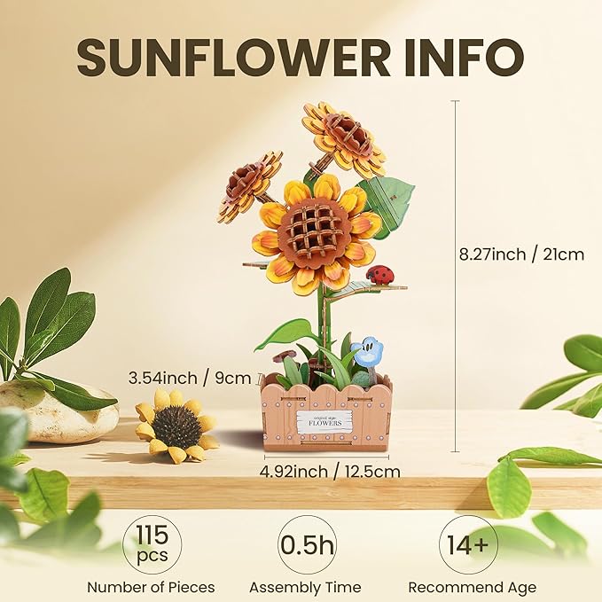 3D Wooden Puzzles for Adults - Sunflower Flower Puzzle, DIY Wooden Flowers Model Building Kits Crafts, Botanical Collection Gift Ideas for Mother's Day Birthday Christmas Housewarming