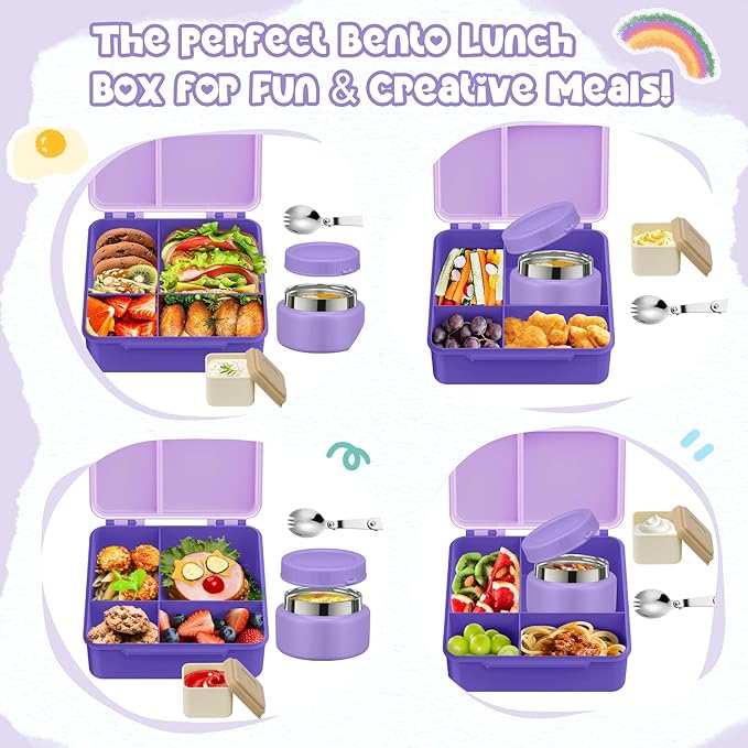 Bento Lunch Box for Kids with 9oz Soup Thermo Leak-Proof Lunch Food Container with 5 Compartment Thermo Hot Food Jar and Insulated Lunch Bag for Kid Toddler Girls Boys to School(Purple)