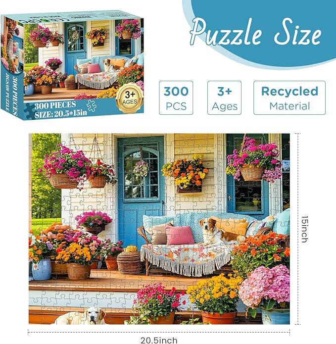 300 Piece Puzzles for Adult, Colorful Flower Jigsaw Puzzle 300 Pieces for Adults Kids Seniors, Beautiful House and Puppy Adults Puzzle for Family and Friends Party Gifts Decor 20.5×15 in