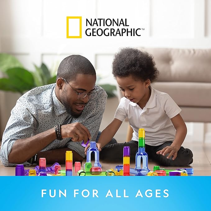 NATIONAL GEOGRAPHIC Glowing Marble Run Expansion Pack - 5 Glow in The Dark Glass Marbles, 20 Construction Pieces, UV Light, Great Creative STEM Toy for Girls and Boys