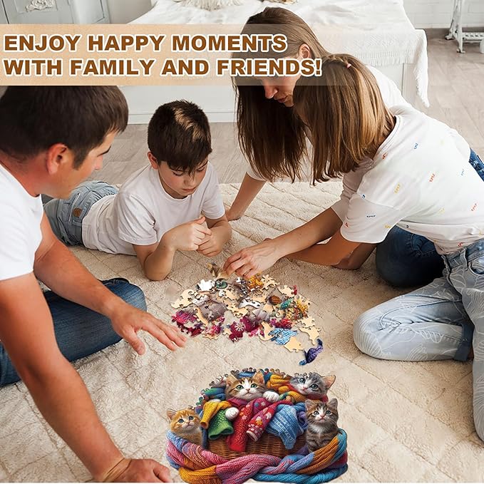 Wooden Puzzles for Adults - Colorful Fabric Cat Wooden Puzzle - Unique Shapes Wooden Jigsaw Puzzles for Adults - Eco-Friendly Home Office Decor (11.4 * 10.9in)