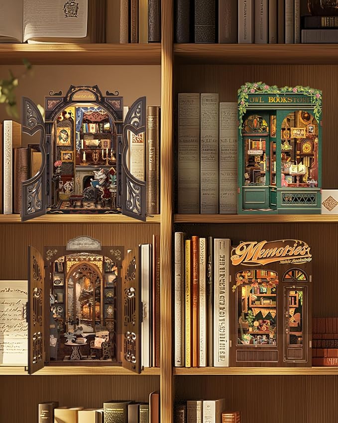 Cutefun Book Nook Kit - DIY Miniature House Kit for Bookshelf Decor, Book Nook Kits for Adults & Beginners, 3D Wooden Puzzle Dollhouse, Ideal Gift for Family and Friends (OWL Bookstore)