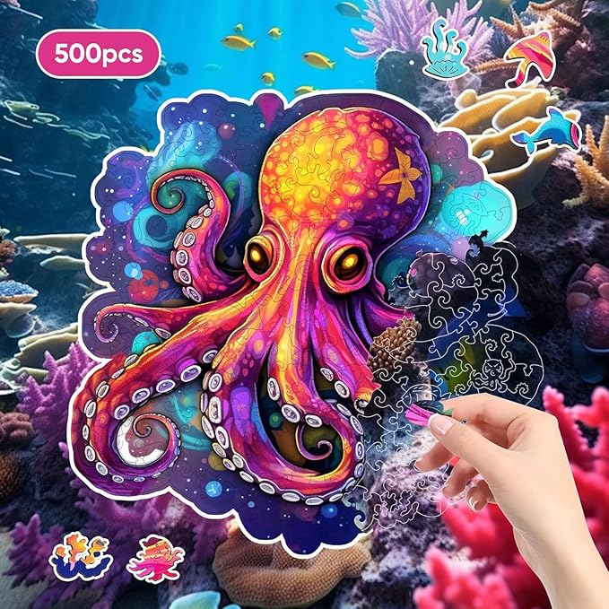 Wooden Puzzles for Adults, Octopus Jigsaw Puzzles 500 Piece, Unique Animal Shape Wood Puzzles for Adults and Kids, Fun Challenging Puzzles Family Game, 16.7 x 16.3 Inches, Royal Size