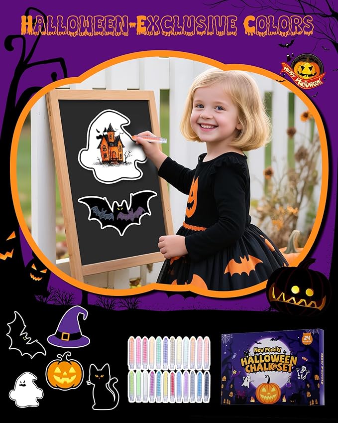 NewFamily Halloween Dustless Chalk Set - 24 Colors, Non-Toxic Washable Chalk with Spooky-Themed Magnetic Drawing Boards, Festive Gift for Kids & Toddlers
