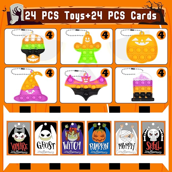 Halloween Party Favors for Kids,24 Packs Mini Pop Fidget Toys with Novelty Cards, Bulk Trick or Treat Keychain for Toddler Teen Age 3-8,8-12,Halloween Goodie Bag Stuffers Classroom Prizes Sensory Toy