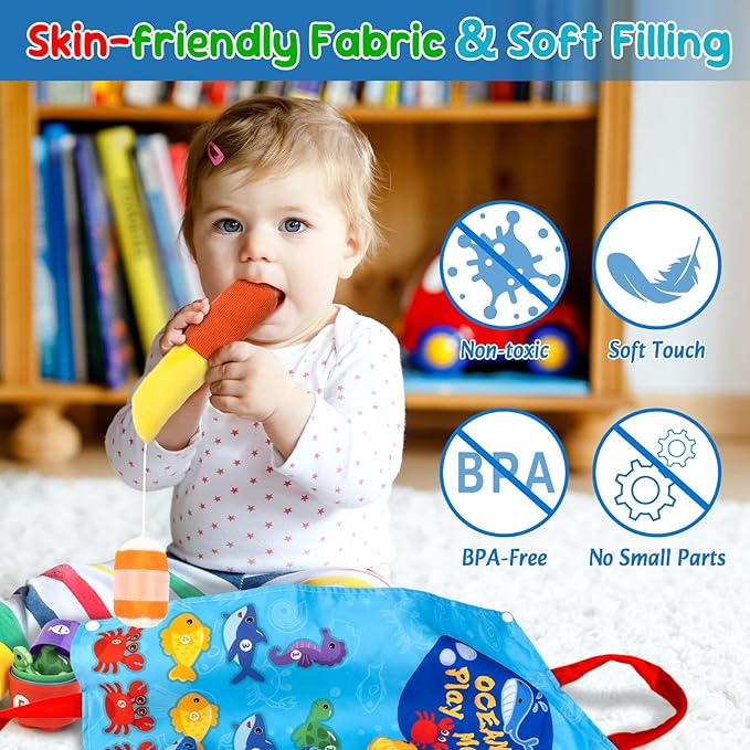 Toddler Toy Montessori Toys for 1 Year Old Boy Girl Birthday Gifts, Cloth Fishing Game for Toddlers 1-3 with Stacking Cups-Number Counting, Shape Learning, Sensory Baby 6-12 Mths