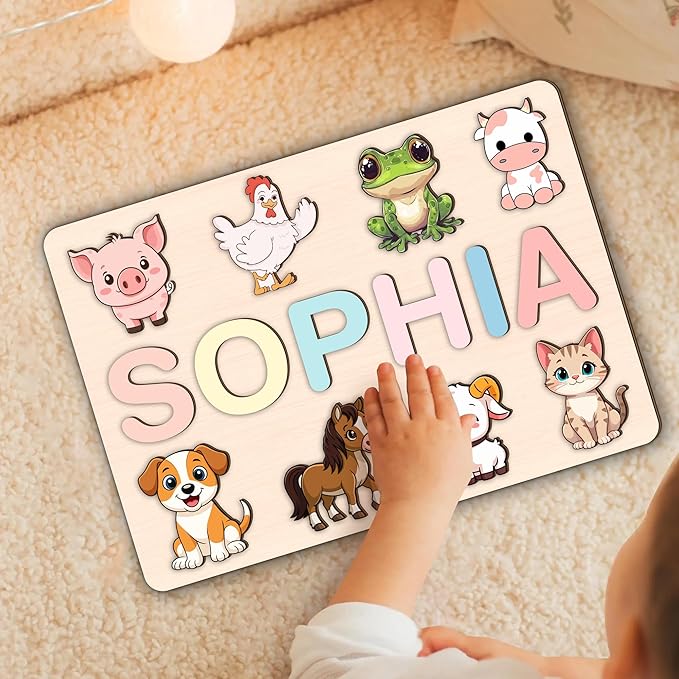 LOVELYPOD Personalized Name Puzzle for Kids, Custom Name Puzzles for Toddlers 1-3 Animal Puzzle, Customized 1st Birthday for Girls & Boys Wooden Toys for Kids, for New Baby - Style 6