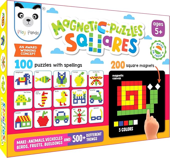 New Magnetic Puzzles : Squares - Includes 250 Colorful Magnets Pieces 100 Puzzle Book Magnetic Board and Display Stand