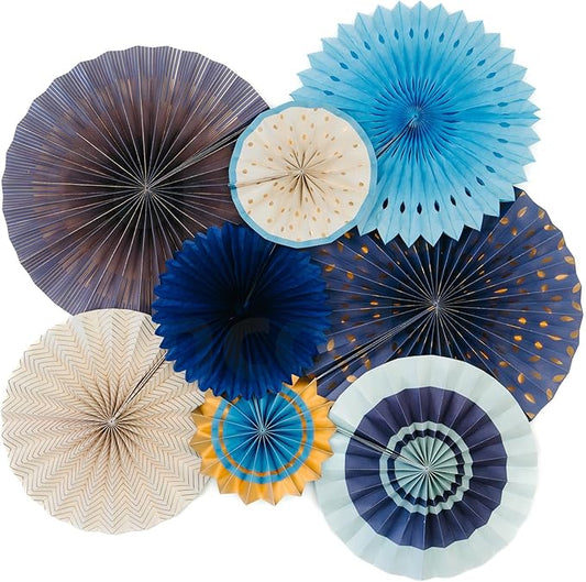 PapaKit Origami Wall Decoration Set (8 Assorted Round Paper Fans) Birthday Party Baby Shower Wedding Events Decor | Creative Art Design Pattern (Starry Midnight Blue with Metallic Gold Accent)