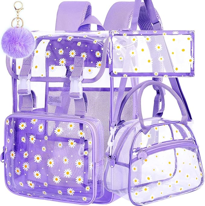 17" Daisy Clear Backpack for Girls - Flip Design Stadium Approved 3Pcs Set, Transparent Bookbag for Concert/School (Purple)