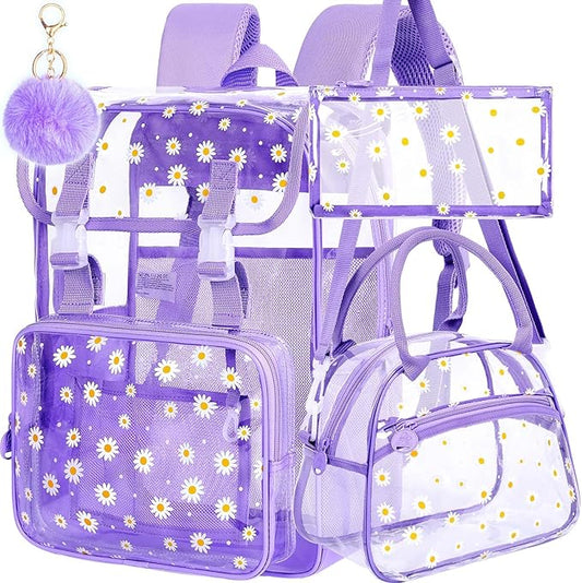 17" Daisy Clear Backpack for Girls - Flip Design Stadium Approved 3Pcs Set, Transparent Bookbag for Concert/School (Purple)