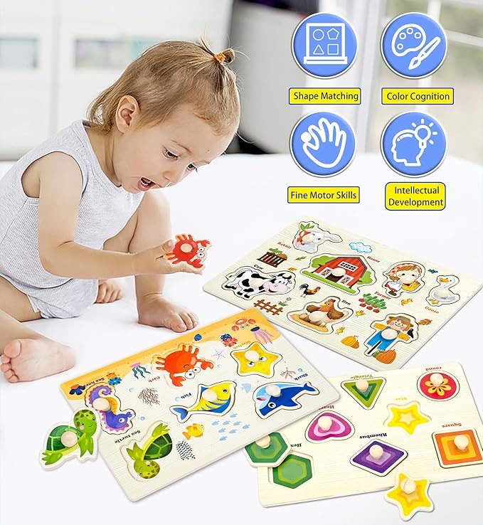 Wooden Peg Puzzles for Toddlers,Montessori Toddler Puzzles for Child,Fine Motor Skill Learning Puzzles Toys for Baby Boys Girls Gifts-3 Pcs Shape,Farm,Sea Animal