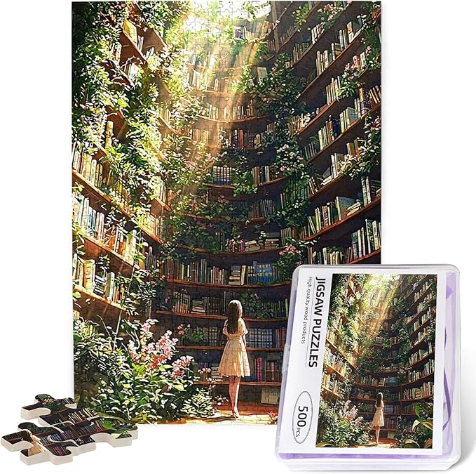 Library Jigsaw Puzzle 500 Pieces，Library Bookshelf Jigsaw Puzzles,Plant Bookshelf Puzzles, Library Retro Aesthetic 500 Pieces Puzzle Art, Botanical Literary Theme Difficult Challenging Hard Puzzle