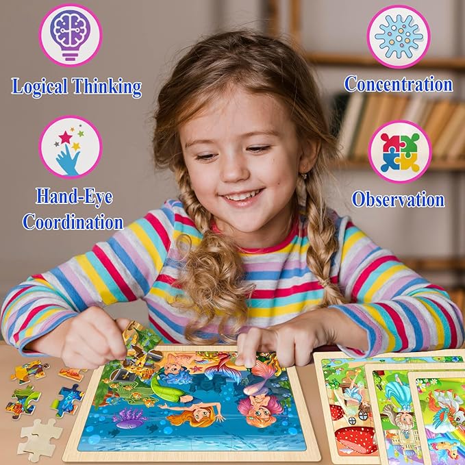 Wooden Puzzles for Kids Ages 4-6, 4 Pack with 24 Pieces Unicorn, Mermaid, Princess, Elf Wooden Puzzles for Toddlers Set, Educational & Learning Puzzles, Toys Gifts for 3 4 5 6 Year Old Boys Girls