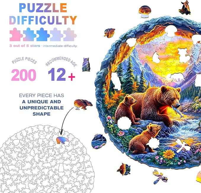 Wooden Puzzles for Adults - Bear Family Wooden Jigsaw Puzzle - Unique Animal Shaped Wood Puzzles Adult - Christmas Birthday Gifts for Adults/Friends/Family - 200pcs 11.4 * 11.3in