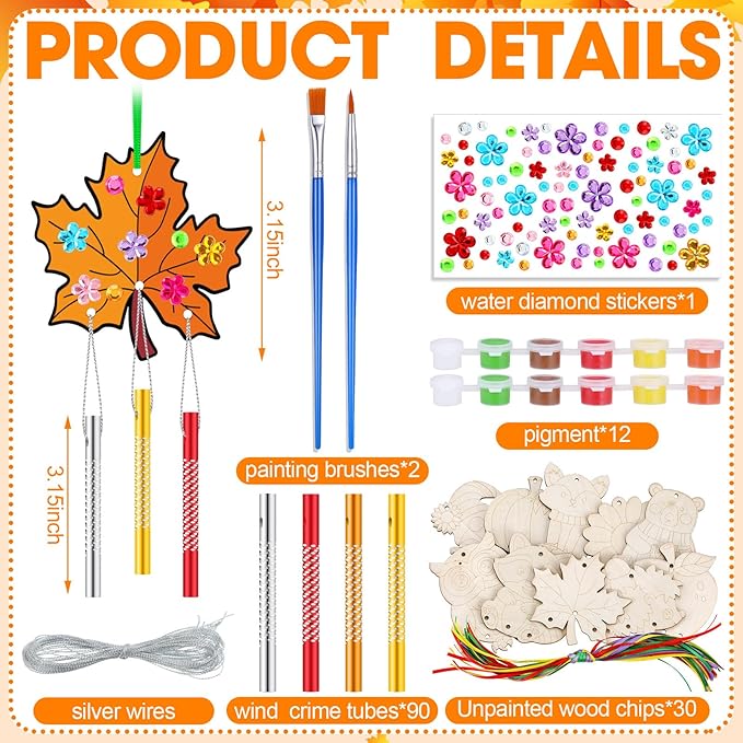 JellyArch 30 Pack Fall Wind Chime Making Kit for Kids Adult DIY Wooden Pumpkin Leaf Animal Crafts for Thanksgiving Halloween Classroom Activity Birthday Party Decoration Gift