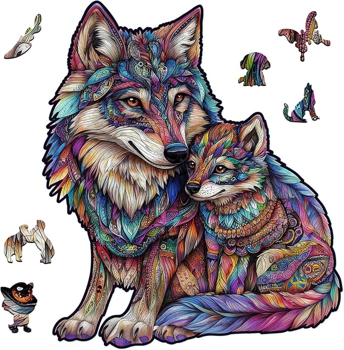 delobil Wooden Puzzles for Adults, Wolf Family Jigsaw Puzzles 500 Pieces, 17.3x14.9in, Unique Shaped Cool Animal Wood Adult Puzzle, Best Gifts for Adults and Kids Family Game