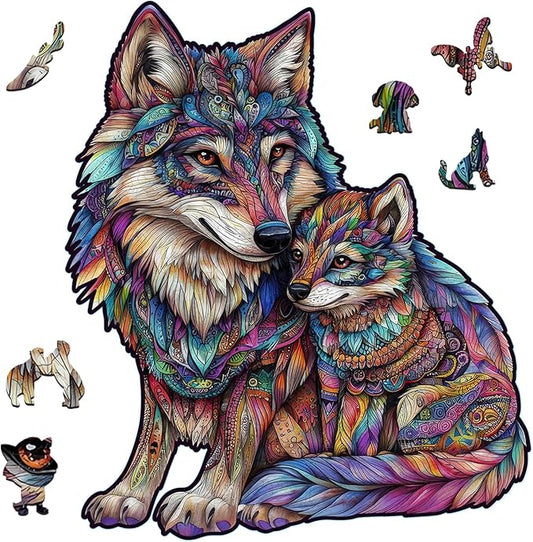 delobil Wooden Puzzles for Adults, Wolf Family Jigsaw Puzzles 500 Pieces, 17.3x14.9in, Unique Shaped Cool Animal Wood Adult Puzzle, Best Gifts for Adults and Kids Family Game