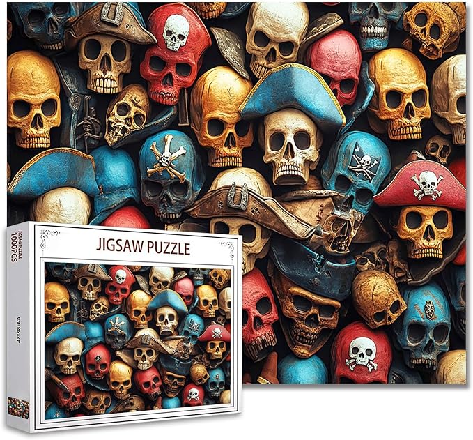 Tucocoo Pirate Skulls Jigsaw Puzzle 1000 Pieces Puzzles for Adults, Colorful Skeleton with Hats Vintage Art Puzzles for Challenging Family Activity Games DIY Craft Puzzle for Home Wall Decor Gifts