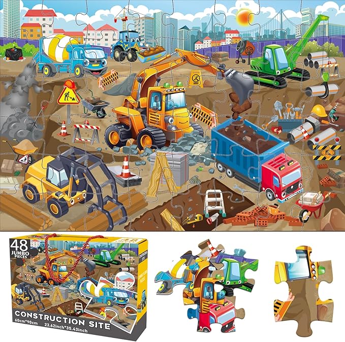 48 Pieces Jumbo Floor Puzzles for Kids ages 3-5, Puzzle for Kid Ages 4-6, Construction Site Jigsaw Large Puzzles, Children Learning Preschool Educational Toys, Great Gift for Kids 4-8 Years Old
