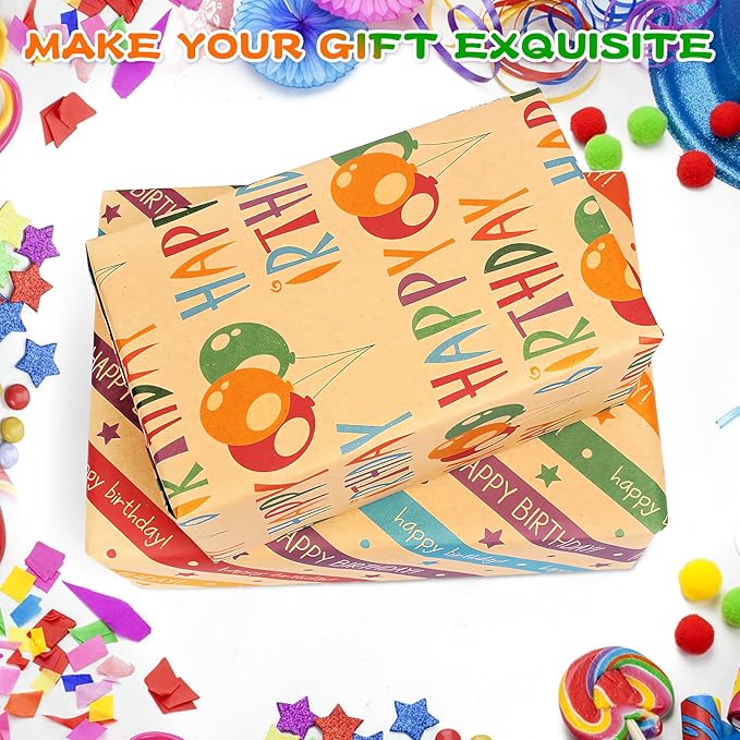 Wrapping Paper Birthday Gift Wrapping Paper Sheets Set, Kraft Birthday Gift Wrap Set,Balloon Star Happy Birhtday Paper with Tags String,Bday Present Wrap for Boy Girl Women Men
