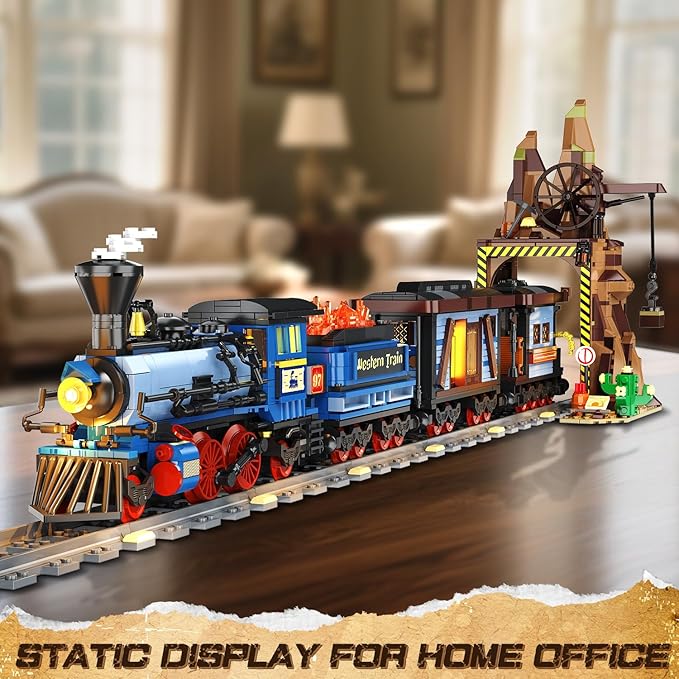 Western Train Building Set with Lights, 1912 PCS West Trains Static Display Model Toy with Tracks Windmill Water Tower, Home Office Decor Building Blocks for Adults Teens Big Boys Girls 12+