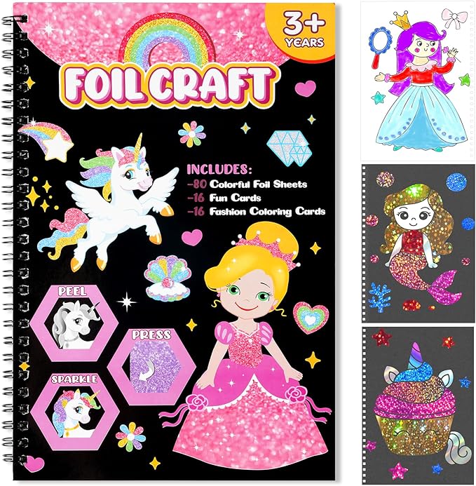 Art & Craft Activity,Foil Craft Princess DIY Fun Art Kits,No Mess Creative Foil Art Kits Set Drawing Game for Kids,Birthday Gifts Crafts Supplies Travel Toys for Girls Boys Ages 4 5 6 7 8 9 Year Old