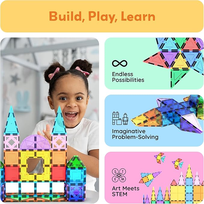 PicassoTiles Magnetic Tiles 152pcs Mirror Theme Magnet Tile Building Blocks STEM Sensory Toys with Car for Kids Toddlers Boys Girls Age 3+ Educational Learning Construction Play Set PT152