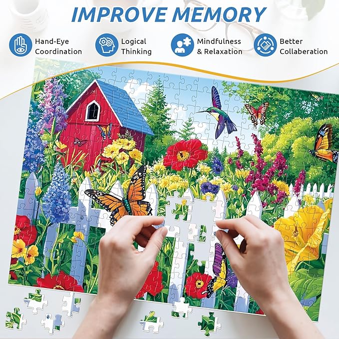 300 Piece Puzzle for Adults,Beautiful Garden Puzzles for Adults Kids Elderly,Large Piece Butterfly and Birds Puzzles for Kids Age 8-10 10-12,Challenging Flower Puzzle,Family Game Great Gift 20.5x15 in