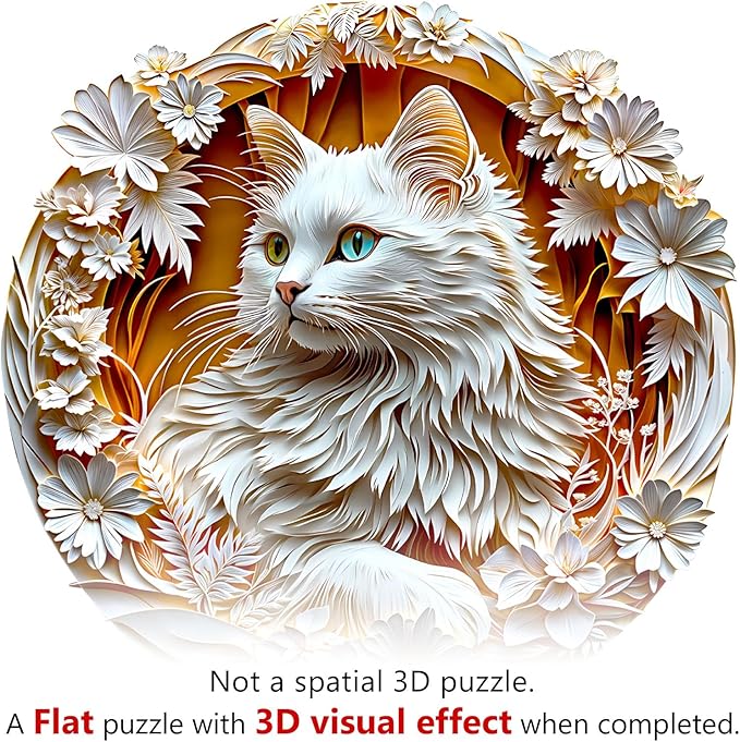Wooden Puzzle for Adults-3D Visual Effect White Cat Wooden Puzzle Unique Shape Advanced Wooden Jigsaw Puzzle for Adult, Best Birthday Gifts,Halloween Challenge Craft (S-8.5 * 8.4in-100pcs)