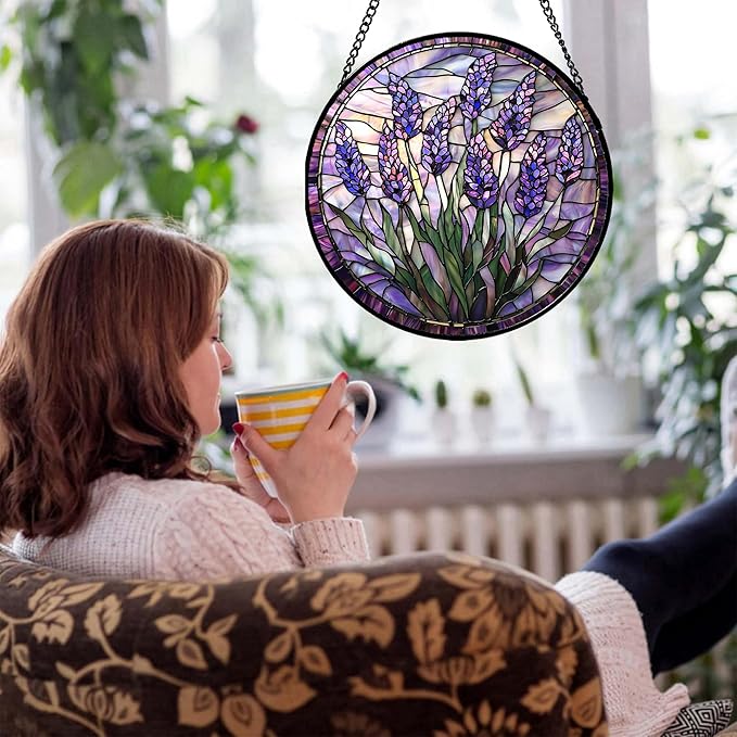 Stained Glass Window Hanging - Purple Flowers Suncatcher for Door Terrace Garden Home Decor Lavender Plant Floral Sun Catcher Birthday Gifts for Lovers Women Men Dad Mom Nana 15 in