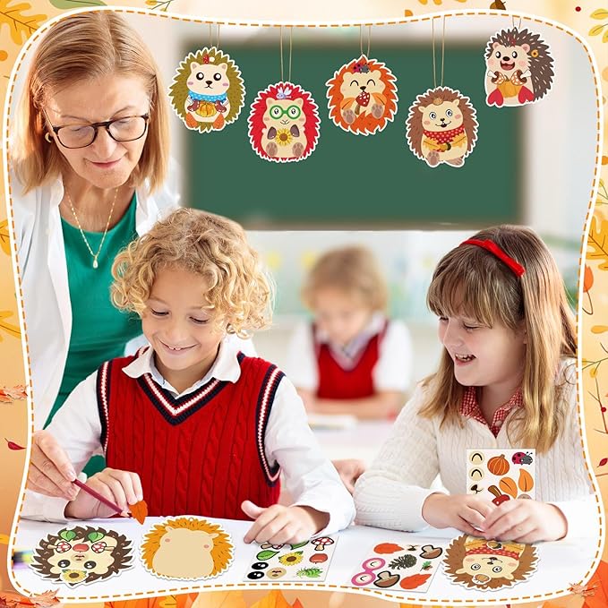 JUNEBRUSHS 30 Piece Fall Hedgehog Craft Set, Autumn Self-Adhesive Stickers Thanksgiving Make Your Own Crafts for Art Classroom Home Fall Harvest Event Party Supplies Decoration