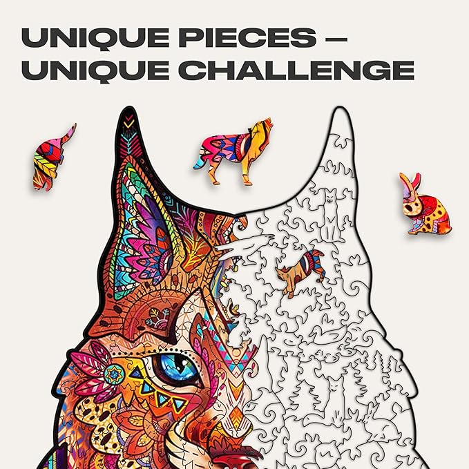 UNIDRAGON Original Wooden Jigsaw Puzzles - Gentle Lynx, 187 Pieces, Medium Size 8.4" х12.7, Beautiful Gift Package, Unique Shape Best Gift for Adults and Kids