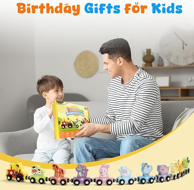 TenFans Montessori Toys, Magnetic Wooden Animal Train Set for Toddlers, 11 Pieces, Educational Preschool Learning Toys, Birthday Gifts for Boys & Girls