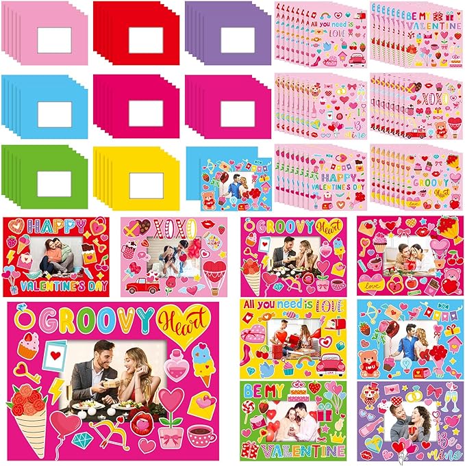 Jetec 48 Set Valentine's Day Picture Frame Craft Kits DIY Valentines Photo Frame Craft Gift with XOXO Heart Stickers for Valentine's Day Home Party Decoration School Classroom Activities