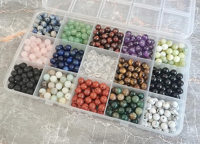 750pcs Real Natural Round Stone Beads Smooth Crystals Loose Gemstone Multi Color Mixed DIY for Jewelry Making Bracelet Necklace Earrings(6mm,15 Color Mix-S2)
